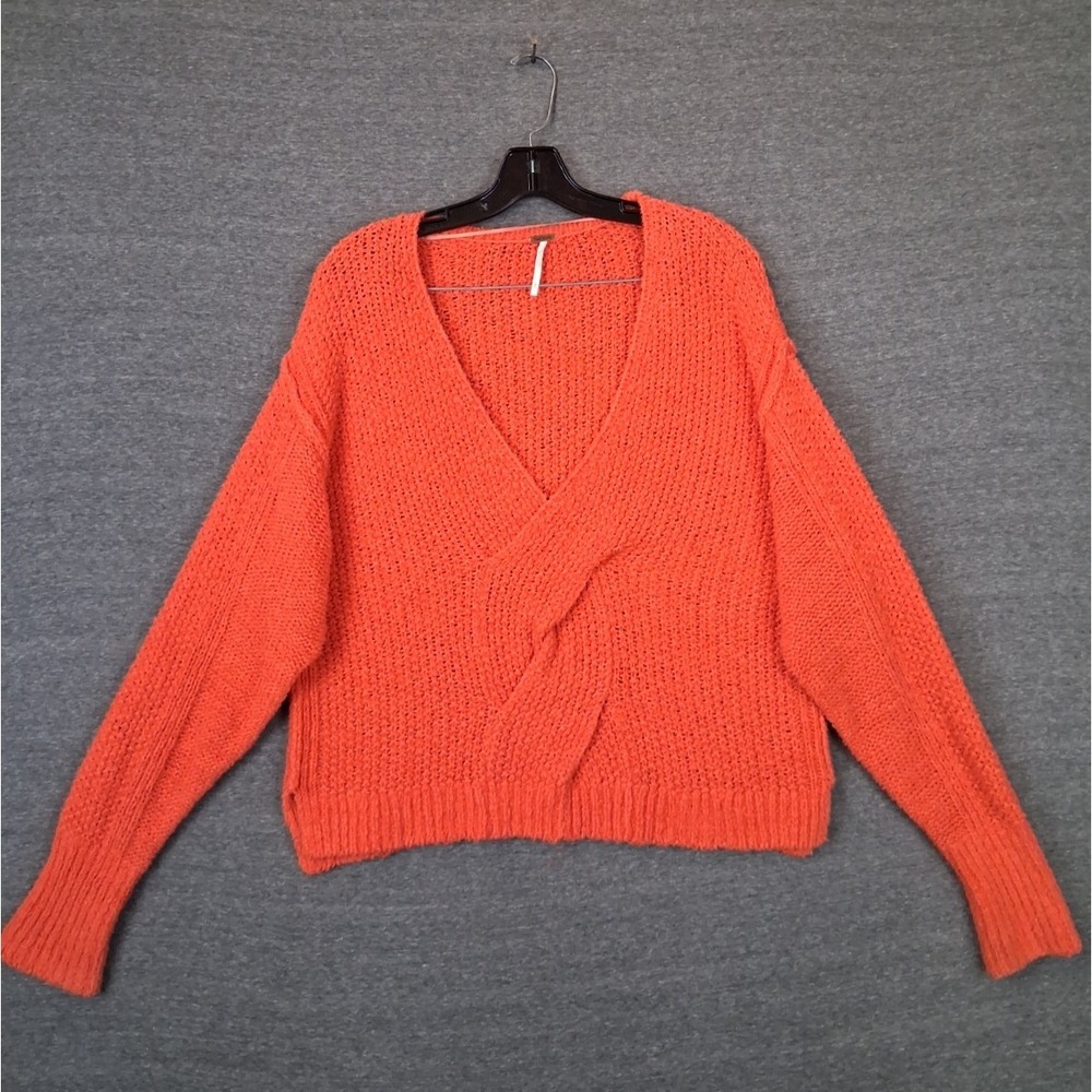 Free People Womens Sweater S Orange Knit Twist Front Crop Oversize 100% Cotton